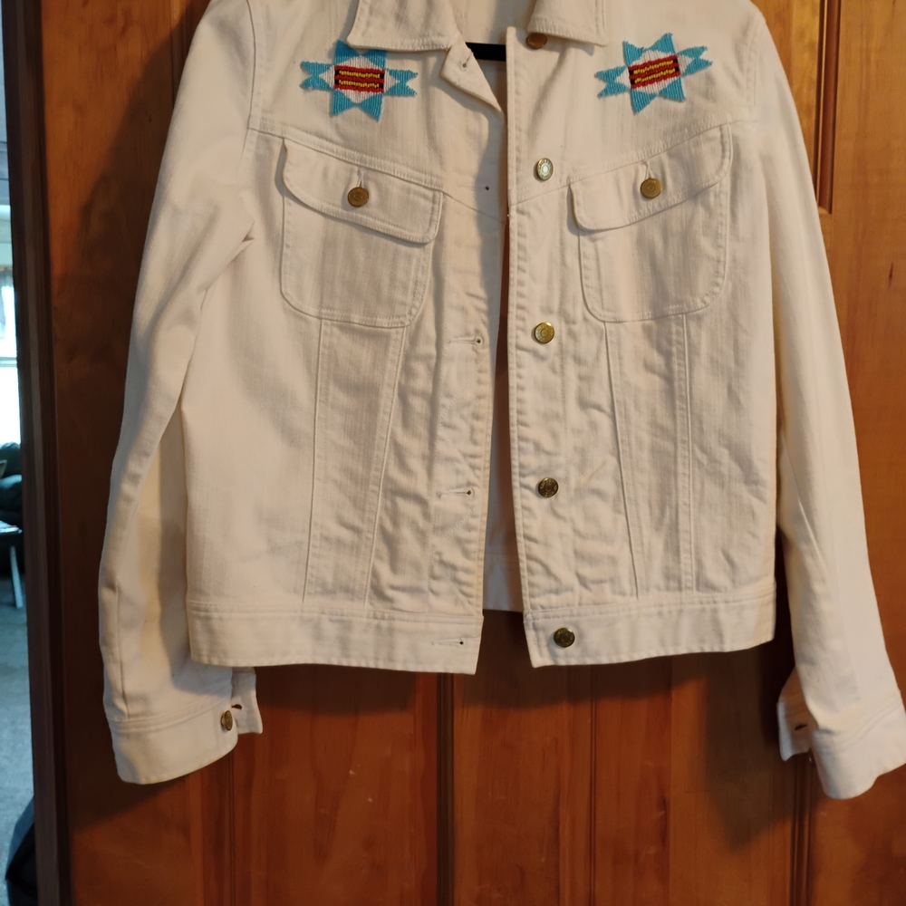 Ralph Lauren White Denim Jacket with Blue Embroidery